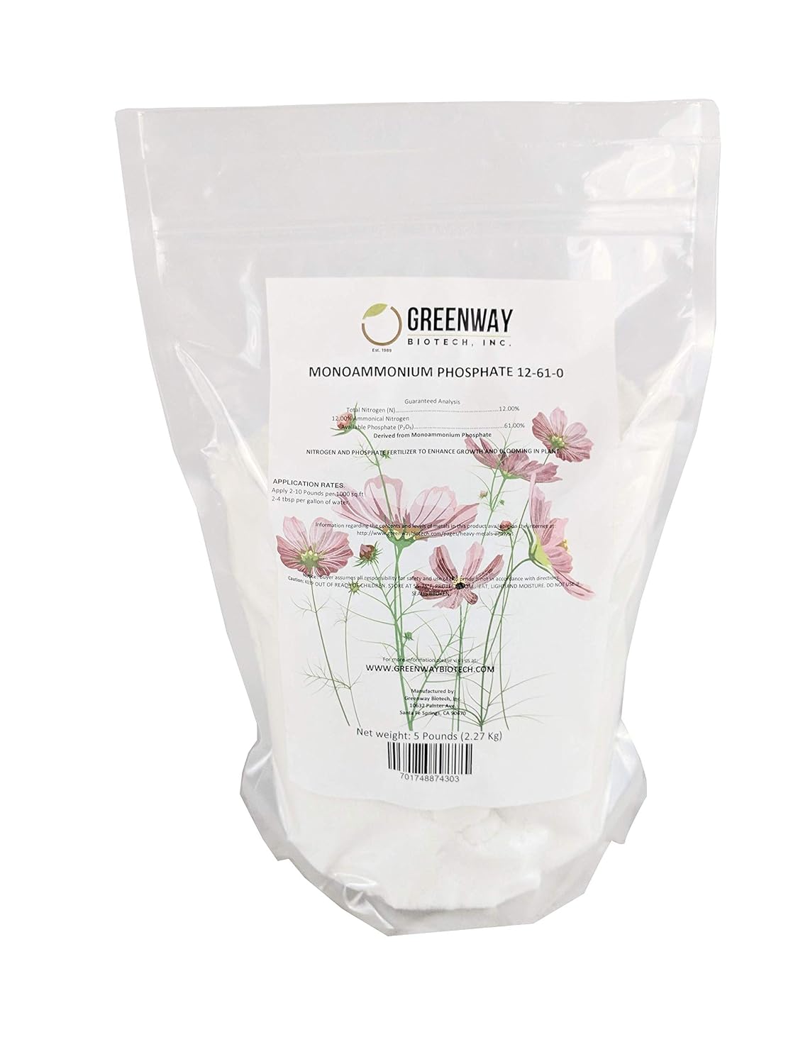 Greenway Biotech, Inc. Monoammonium Phosphate Fertilizer 12-61-0 Contains 12% Nitrogen and 61% Phosphorus- The Ultimate Plant Growth and Blooming Enhancer for Hydroponics and Soil Use - 10 Pounds