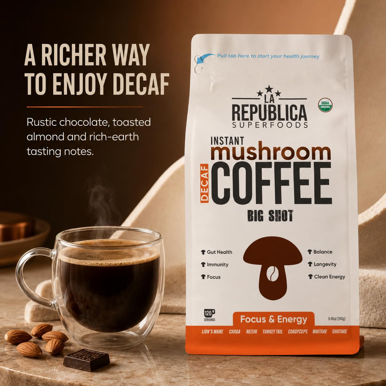 La Republica DECAF Organic Mushroom Coffee (35 Servings) with 7 Superfood Shrooms, Great Tasting Instant Mix Includes Lion's Mane, Reishi, Chaga, Cordyceps, Shiitake, Maitake, and Turkey Tail (Decaffeinated)
