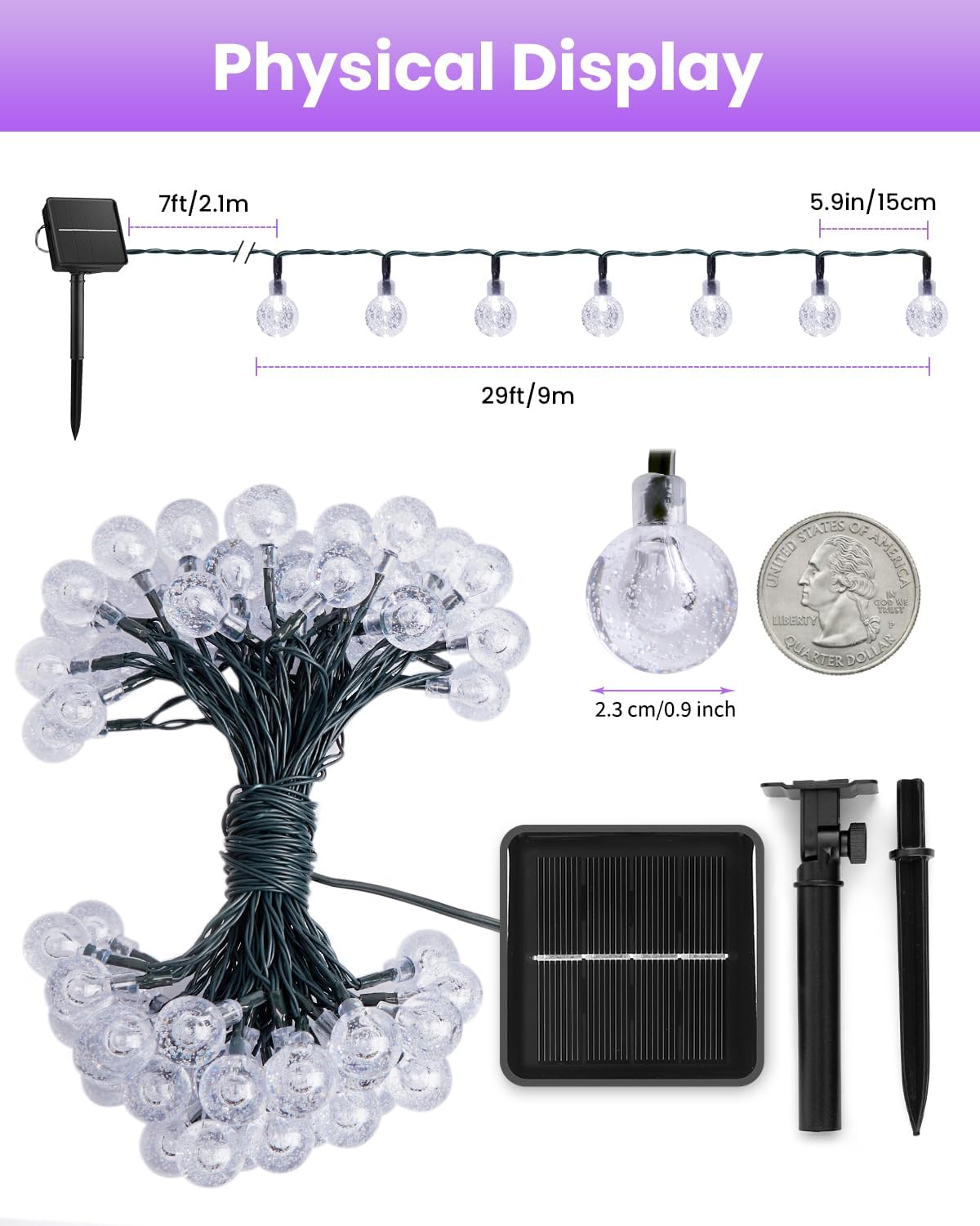 Brightown Solar String Lights Outdoor 60 Led 35.6 Feet Crystal Globe Lights with 8 Lighting Modes