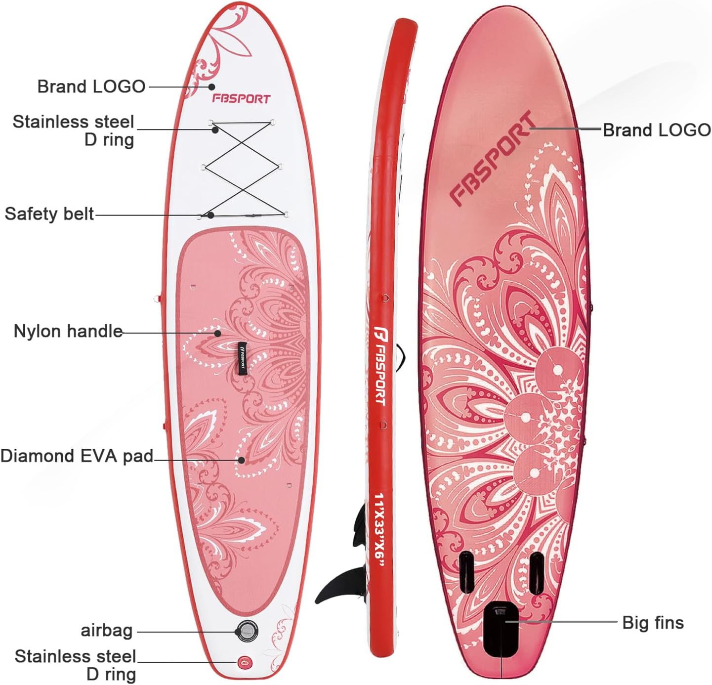 FBSPORT 11' Premium Stand Up Paddle Board, Yoga Board with SUP Accessories & Carry Bag | Wide Stance, Surf Control, Non-Slip Deck, Leash