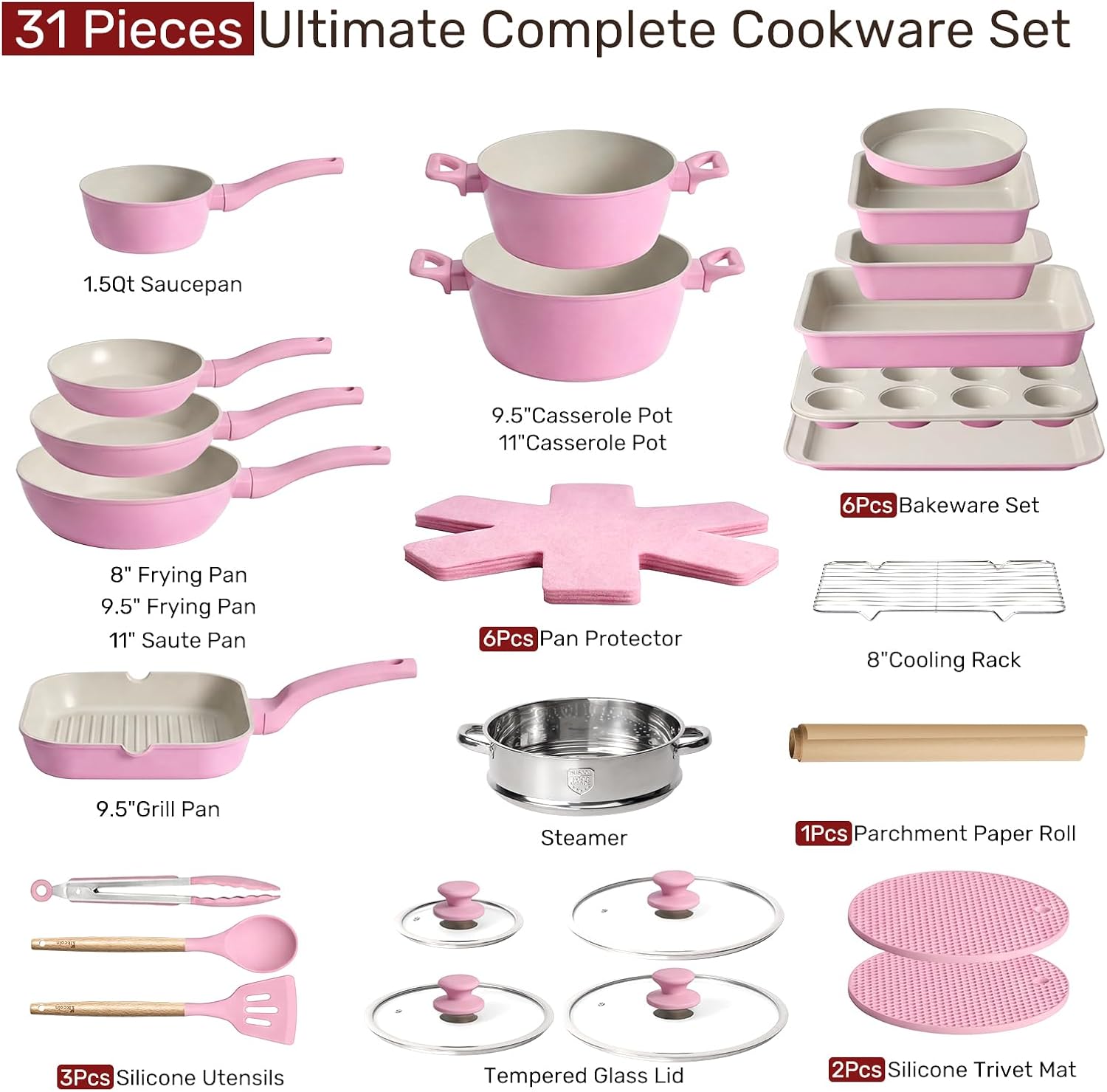 Kikcoin Pots and Pans Set Non Stick 31 Piece Kitchen Nonstick Cooking Cookware Sets with Grill Pan Saucepan Baking Sheet Utensil, Black