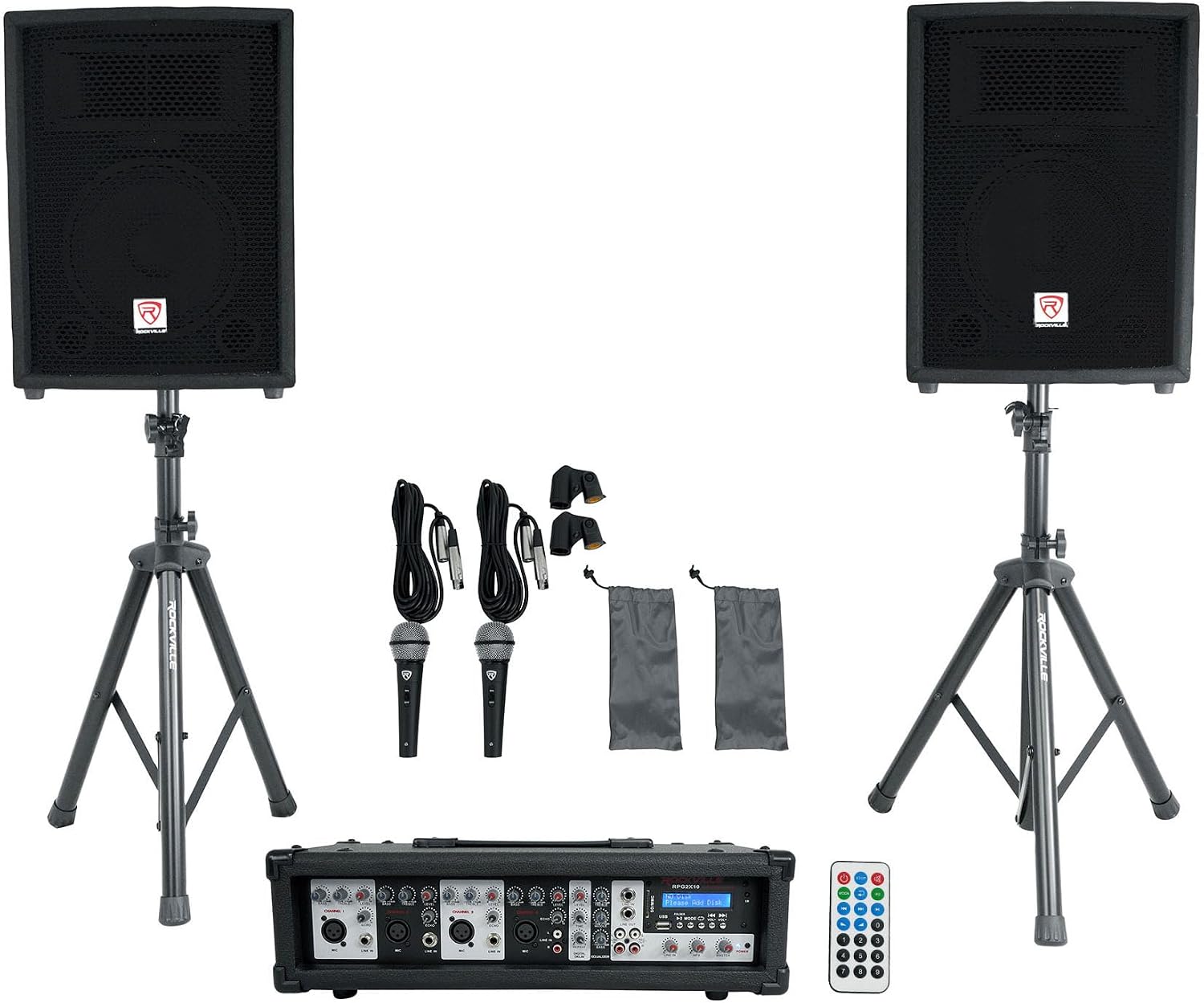 Rockville RPG2X10 10" PA Speaker Pair with Mixer and 2 UHF Wireless Mics