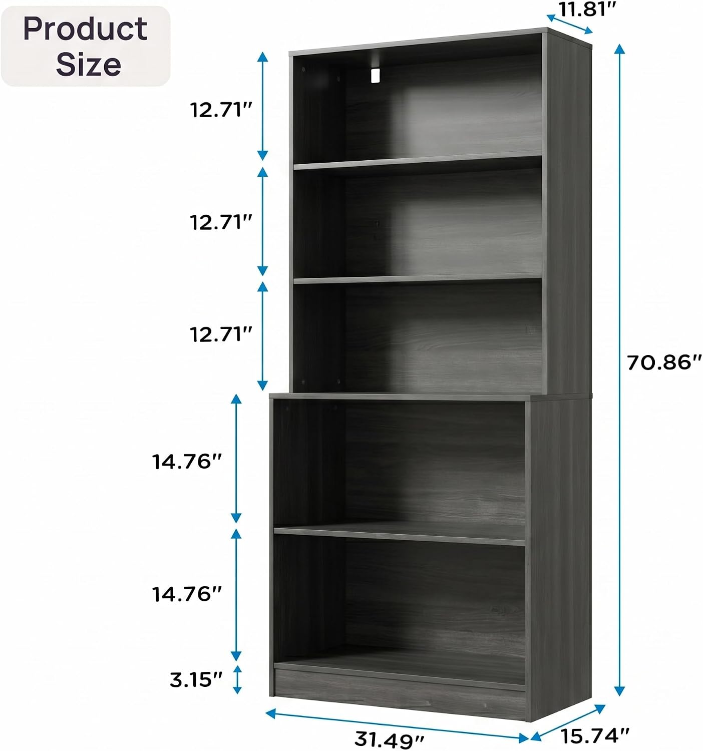 holzart 71" Tall Book Shelf, 5 Tier Large Bookshelf, Standing Wood Display Book Shelf for Living Room, Office, Library with Doors, 31.5" W x 70.87" H x 11.81" D, White