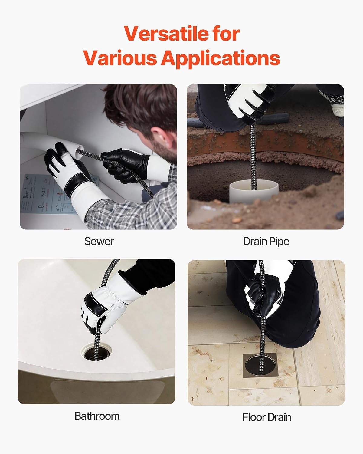 VEVOR Drain Cleaner Machine 75 FT x 3/8 Inch, Auto Feed Sewer Snake Auger on Wheels, Portable Drain Cleaning Machine with 4 Cutters & Air-activated Foot Switch for 2" to 4" Pipes