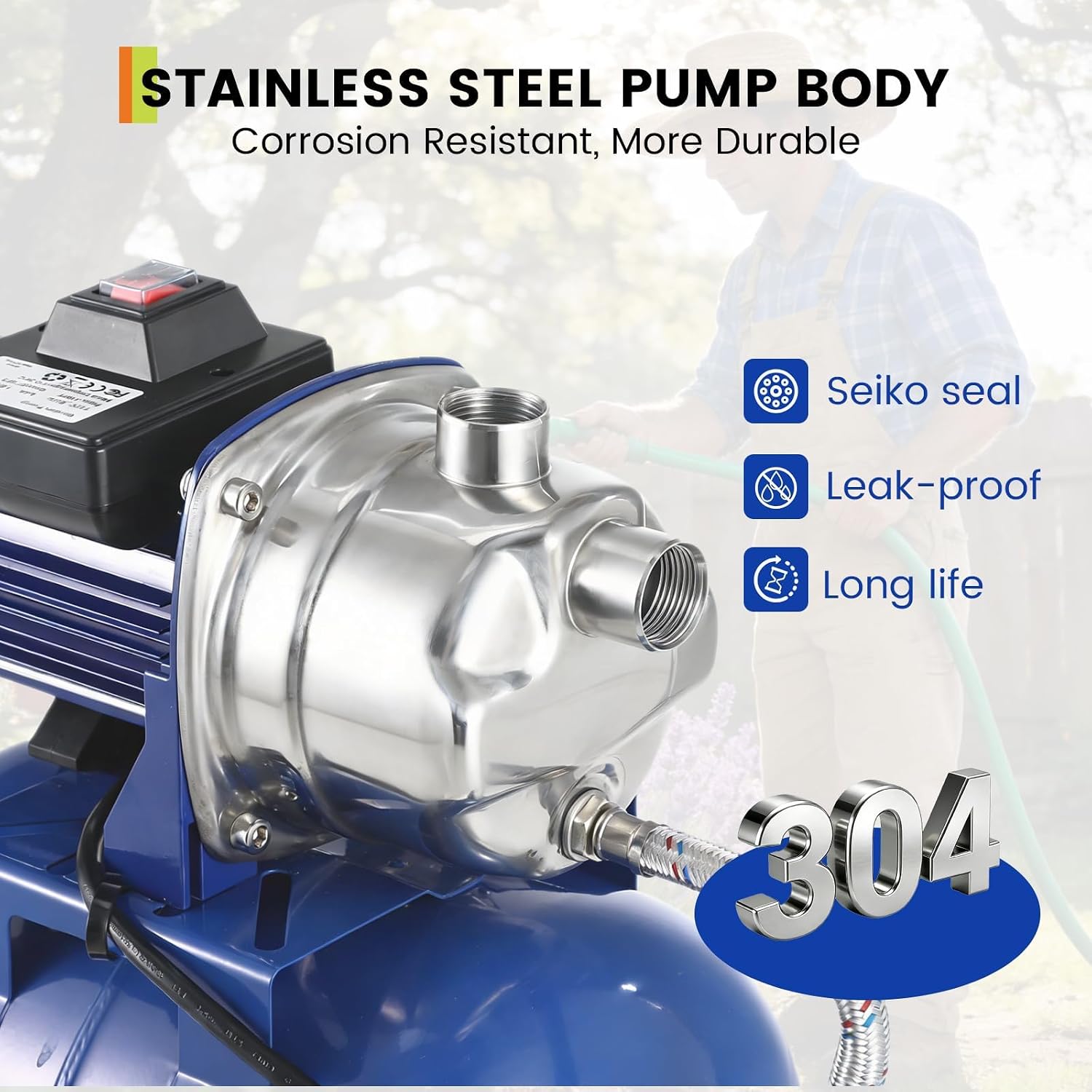 1HP Stainless Steel Water Transfer Pump with Well Pressure Tank – Shallow Well Pump & Irrigation Pump Combo, 130ft Max Lift, 20ft Suction Lift, Automatic Pressure Switch for Farm Use