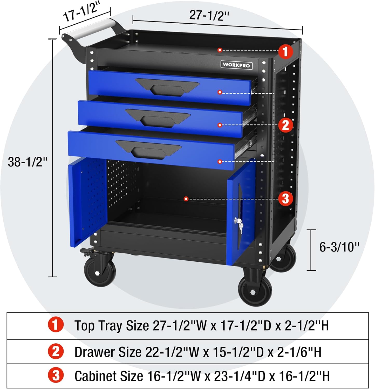 WORKPRO 27.5-Inch Rolling Tool Cabinet, 405 LBS Capacity | Steel Tool Storage Cabinet with PVC Drawer Liners