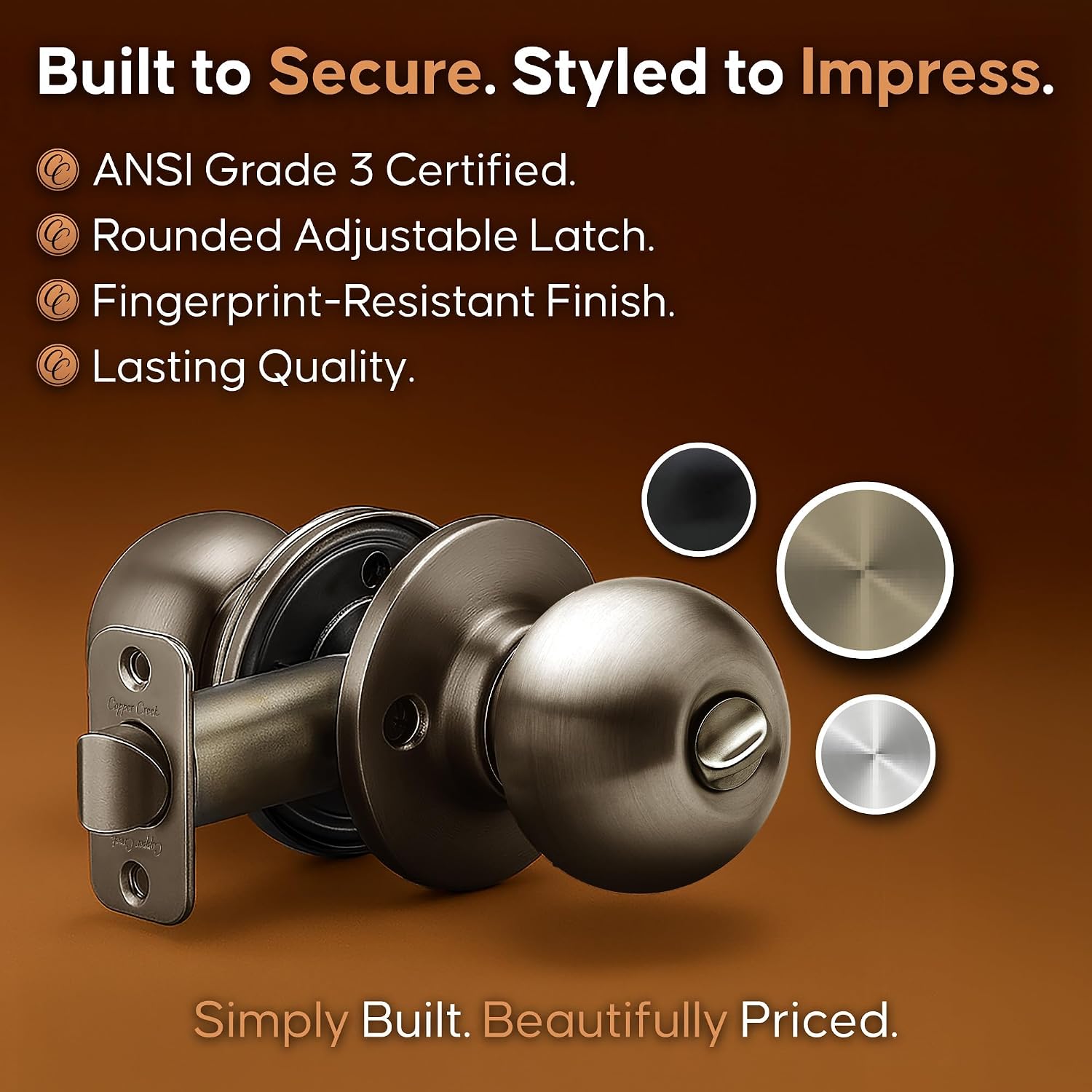 Copper Creek Privacy Interior Door Knob – ANSI Grade-3 Certified, Modern Heavy Duty Handle, Easy Install and Reversible for Bedroom, Bathroom & Closets – Satin Stainless (1 Pack)