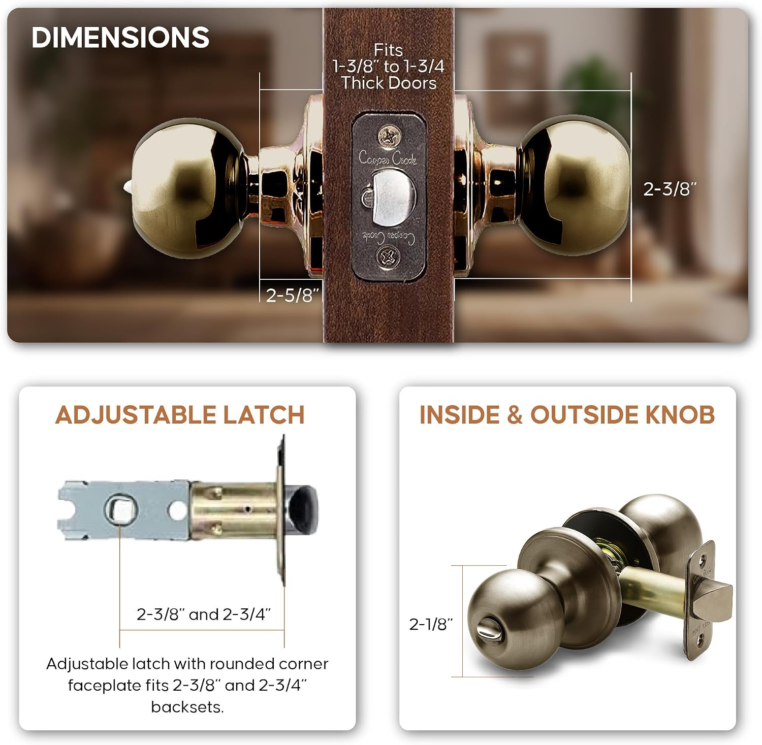 Copper Creek Privacy Interior Door Knob – ANSI Grade-3 Certified, Modern Heavy Duty Handle, Easy Install and Reversible for Bedroom, Bathroom & Closets – Satin Stainless (1 Pack)