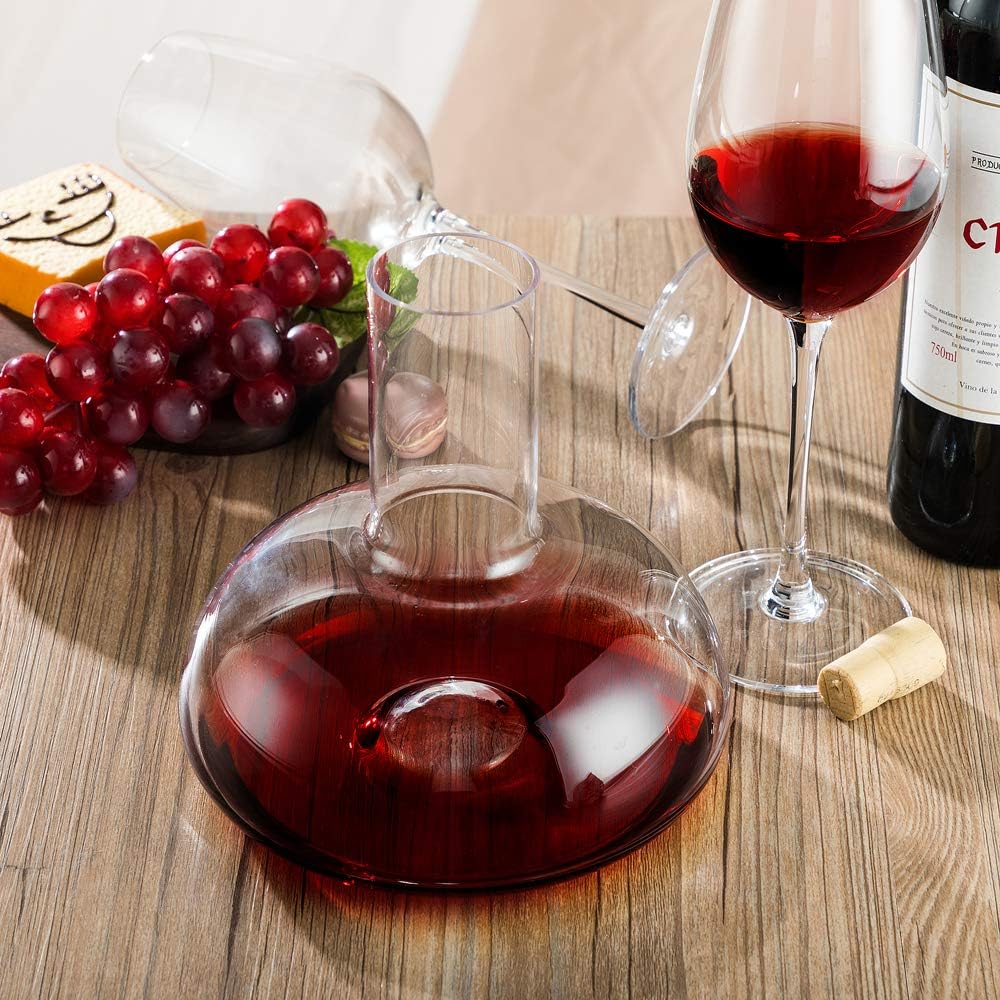 YouYah Wine Decanter Set, Red Wine Carafe with Drying Stand, Cleaning Beads and Aerator Lid, Crystal Glass, Wine Aerator, 100% Hand-blown