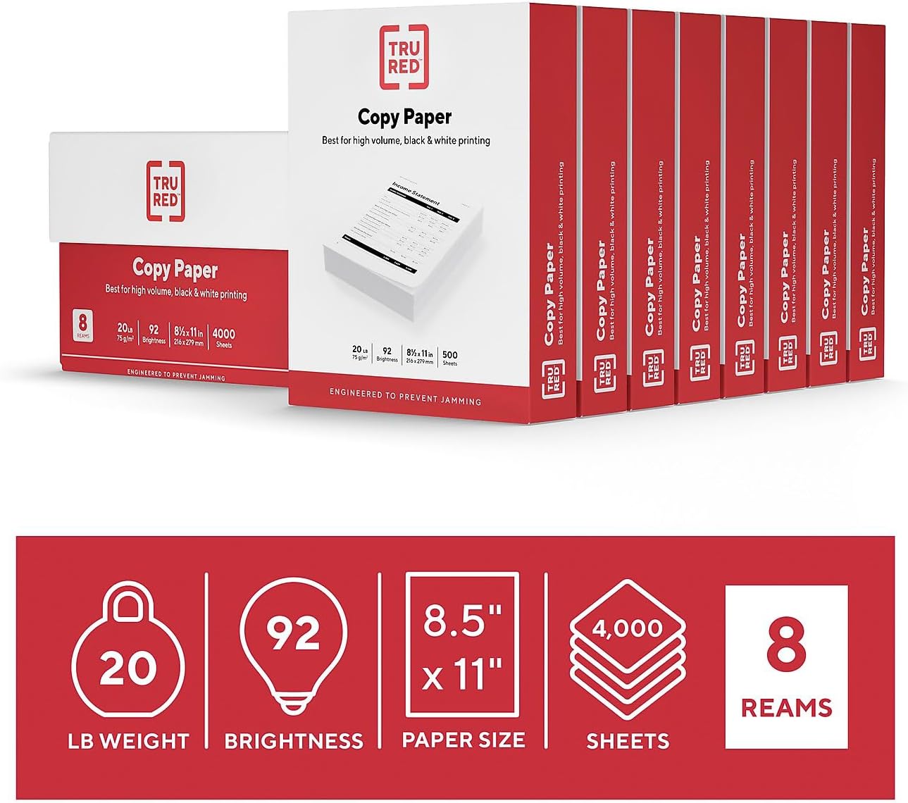 Staples TRU RED Copy & Printer Paper, 8.5 x 11, 20 lb, 92 Bright, 5,000 Sheets/Carton, White Letter Size Paper for Office, School & Home