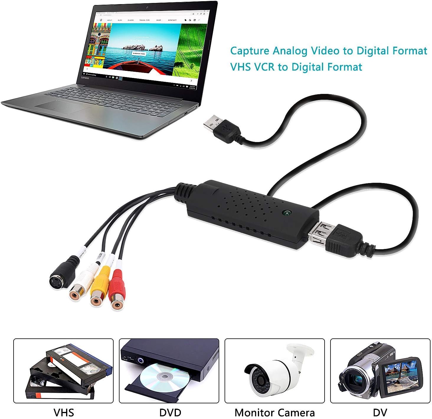 USB Audio Video Converter, VHS to Digital Converter, Video Capture Card Digitize from Analog Video VCR VHS DVD, for Windows 7 8 10