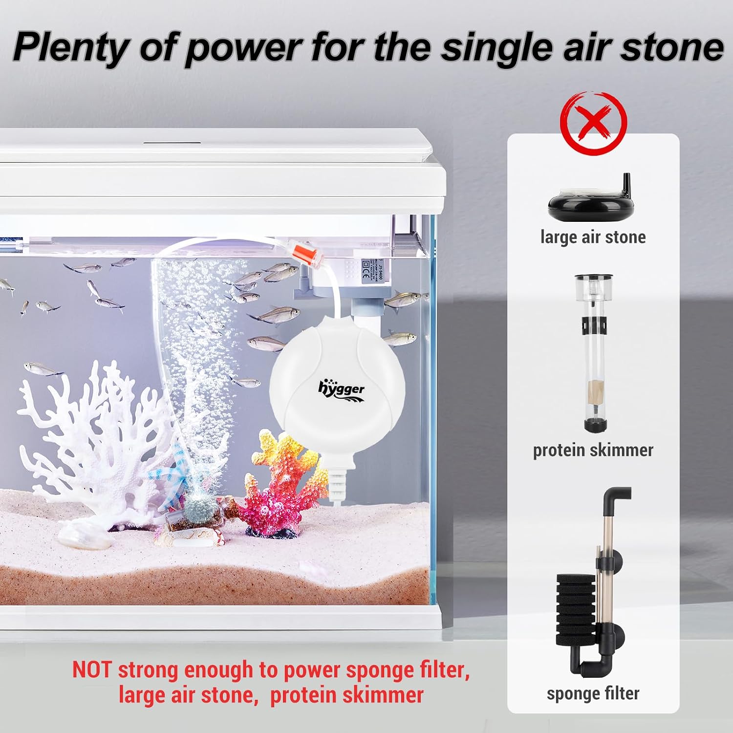 hygger Quiet Aquarium Air Pump 1.5 Watt Energy Saving Mini Oxygen Pump for 1-15 Gallon Fish Tank with Accessories White