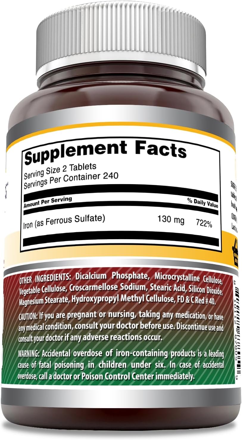 Amazing Formulas Iron as Ferrous Sulfate Supplement | 130 Mg per Serving | 240 Tablets | Non-GMO | Gluten-Free | Made in USA