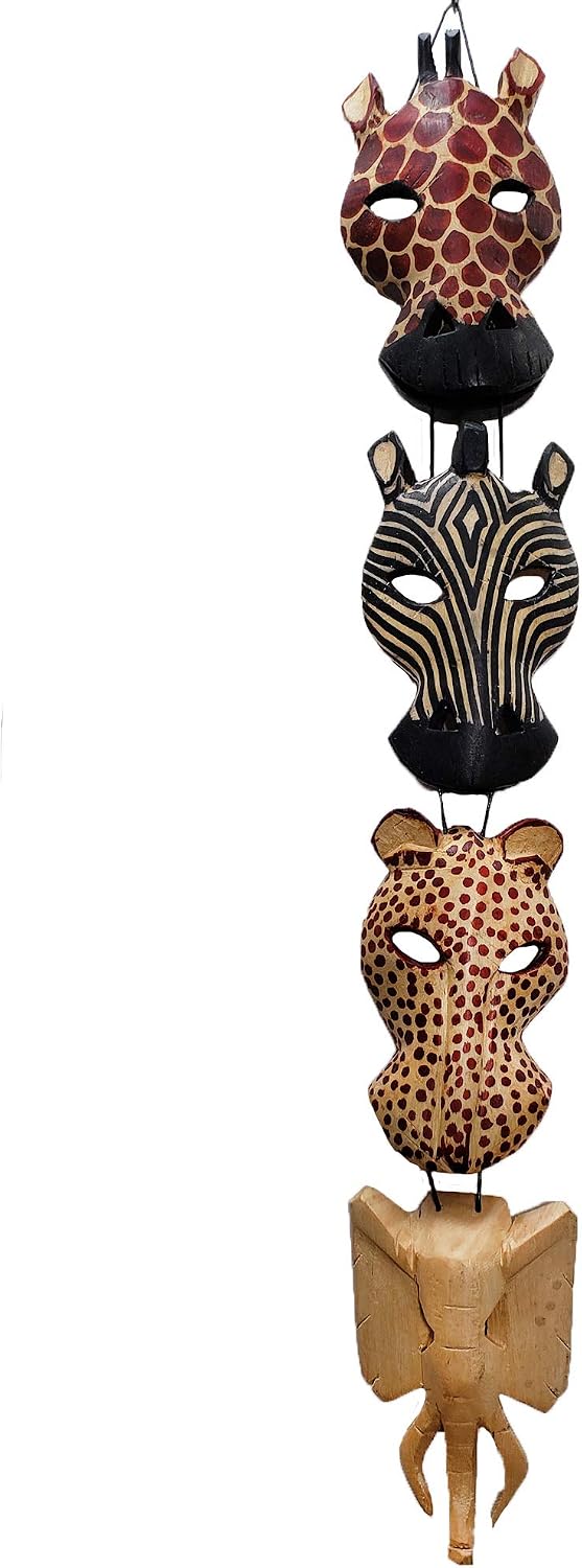African Masks Wall Hanging Art Hand Carving Safari Décor Wall Head Sculpture Wild Animal Faces Strung Together For A Majestic Display (4A Face)