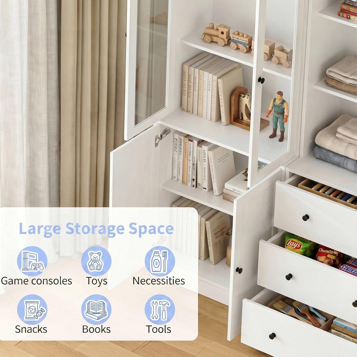 TUSY 71" H Bookcase with Storage | 6-Tier Modern Bookshelf with Drawers, Display Bookcase with Glass Doors, White Curio Cabinet for Home Office, Living Room