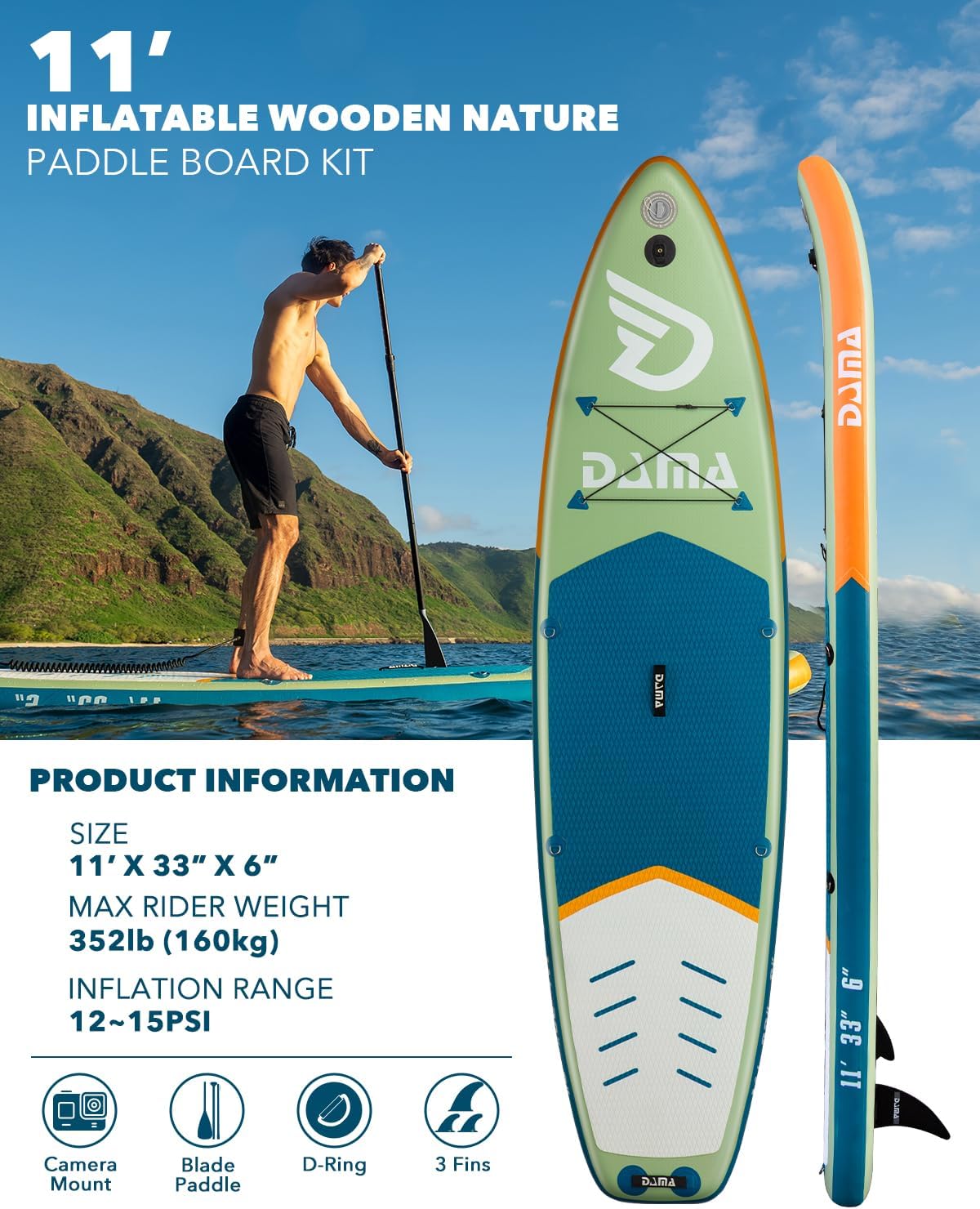 DAMA Inflatable Stand Up Paddle Boards for Adults w/Sup Board Accessories Hand Pump 4pcs Kayak Floating Paddle | Wide Stance