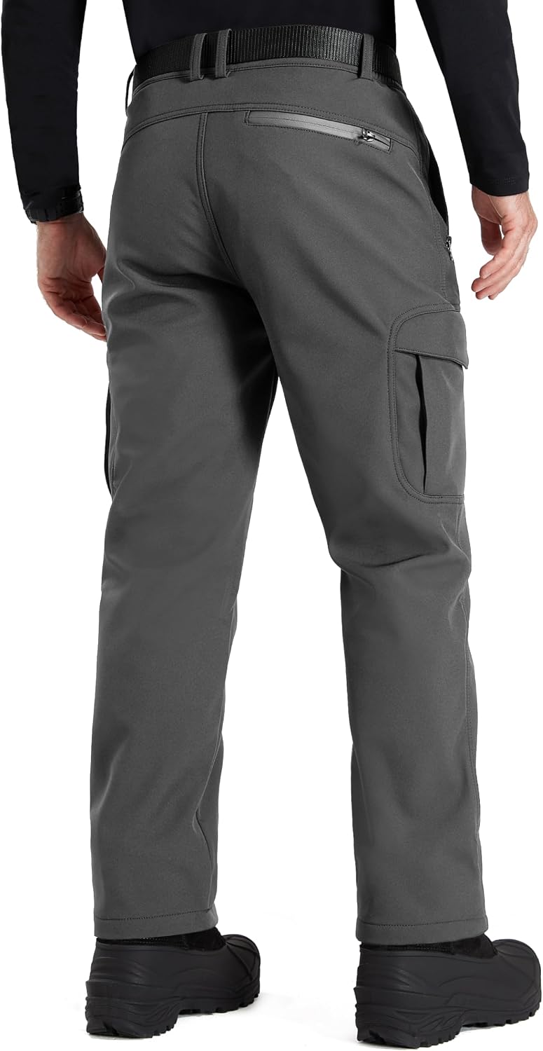 FREE SOLDIER Men's Outdoor Softshell Fleece Lined Cargo Pants | Snow Ski Hiking Pants with Belt, Waterproof Winter Pants, Insulated Work Pants, Breathable Windproof Insulated Pants