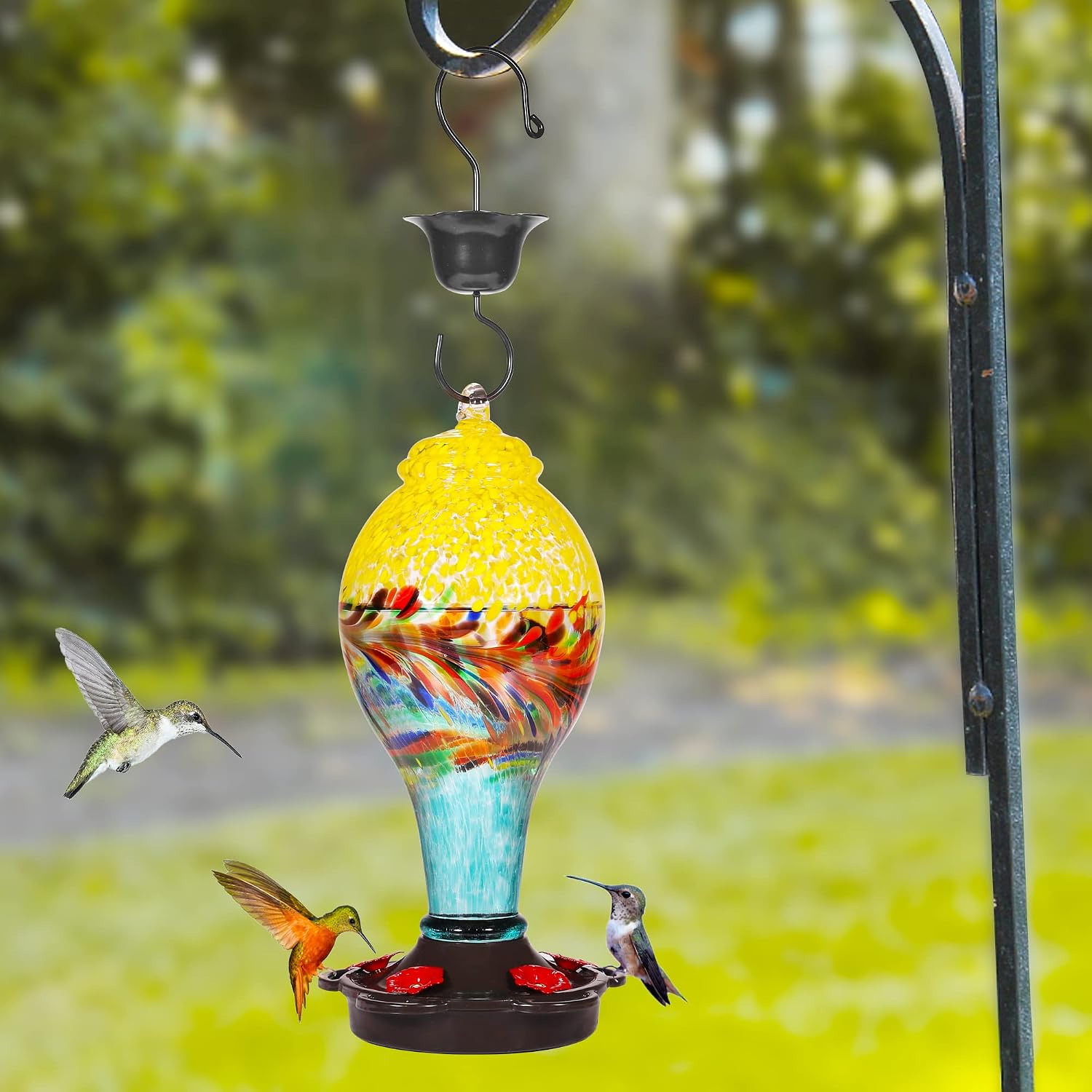 LUJII Hummingbird Feeder, Hand Blown Glass Hummingbird Feeder, Never Fade, 36 Fluid Ounces, 5 Feeding Metal Stations, Much Bigger, Garden Backyard Decorative, Containing Ant Moat (Blue)