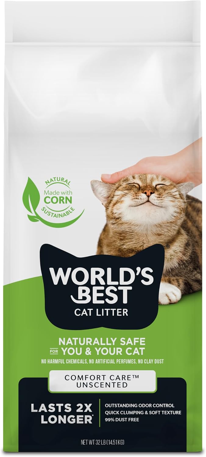 World's Best Cat Litter, Comfort Care, Unscented, Odor Control, 8 lb Bag | Gentle odor control for sensitive cats and lasts 2x longer; natural corn litter, quick clumping, flushable, 99% dust free