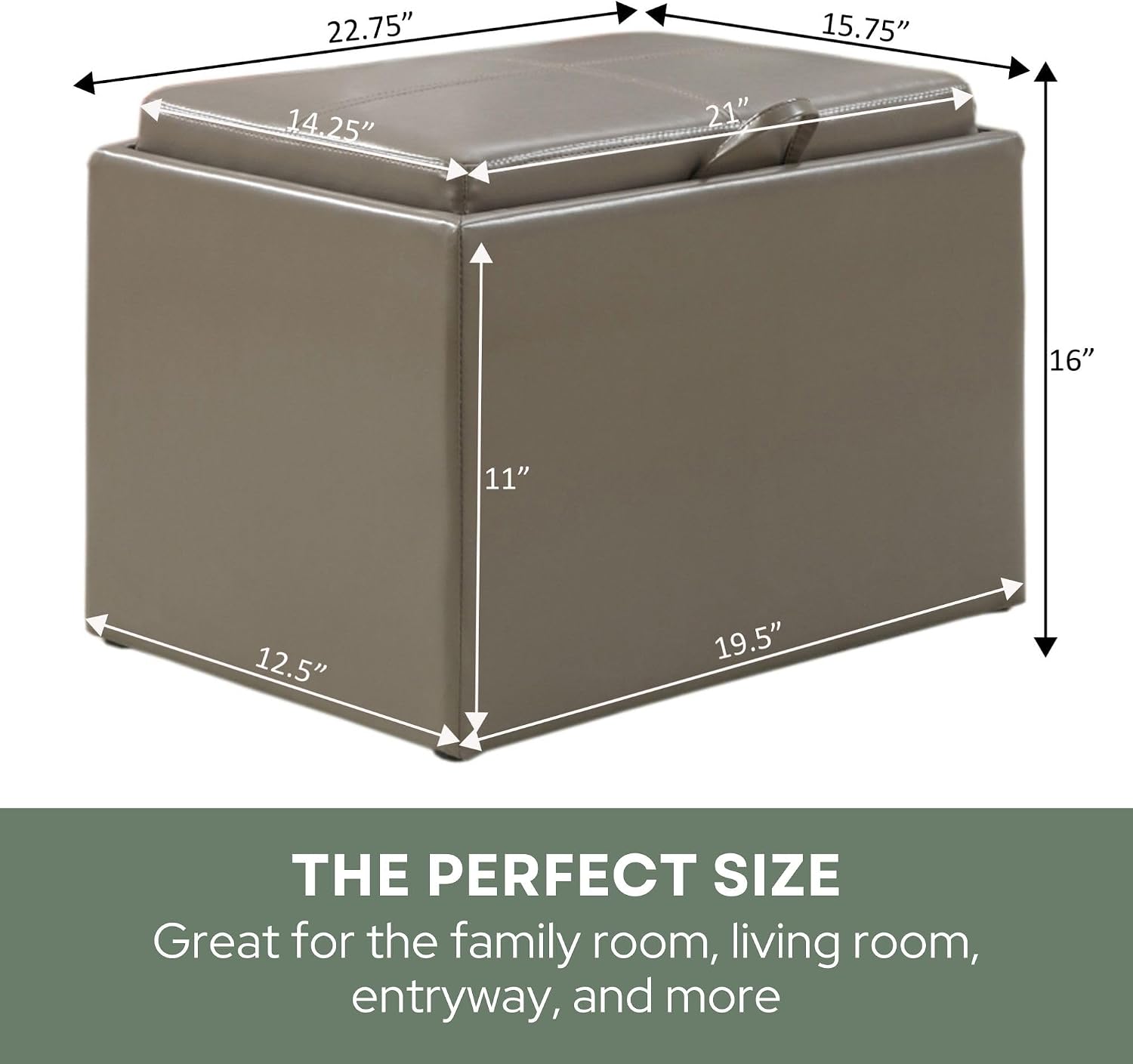 Convenience Concepts Designs4Comfort Accent Storage Ottoman 22.75" - Modern Foot Stool with Decorative Tray for Living Room, Dining Room, Office, Blue Faux Leather