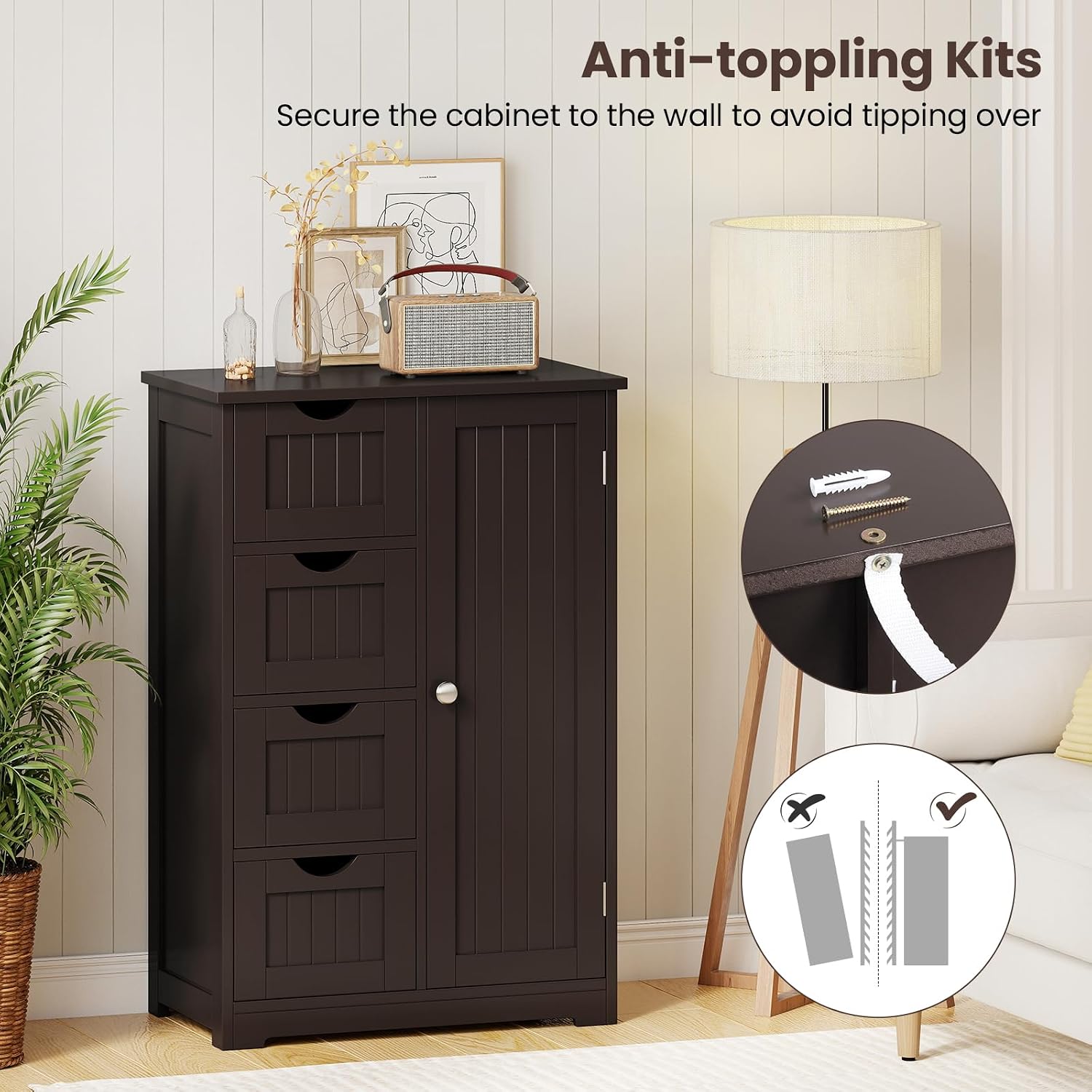 Giantex Storage Cabinet with 4 Drawers, Bathroom Storage Organizer with Cupboard, Adjustable Shelf, Anti-Toppling Device, Floor Cabinet, Entryway Storage Unit Console Table, White