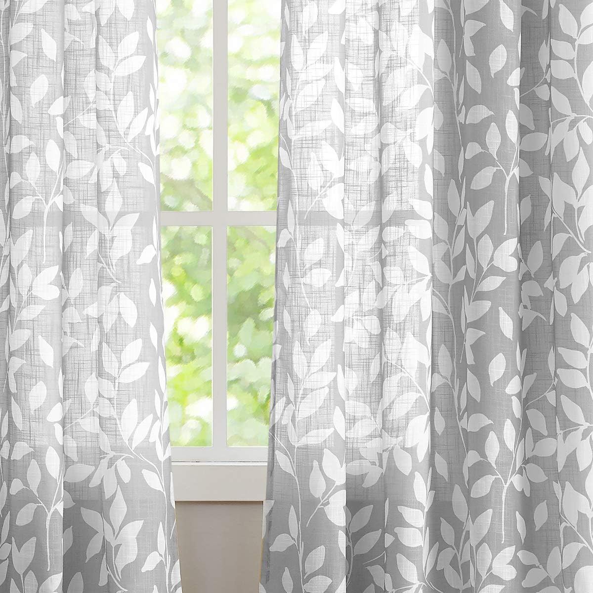 Leaf Semi Sheer Curtains for Bedroom Living Room 52x72" Taupe White Print 2
