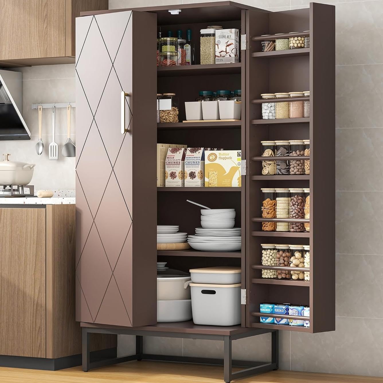 kepptory 47” Pantry Cabinet, Kitchen Pantry Storage Cabinet with Doors and Adjustable Shelves,Freestanding Buffet Cupboards Sideboard for Living Room and Dinning Room (White)