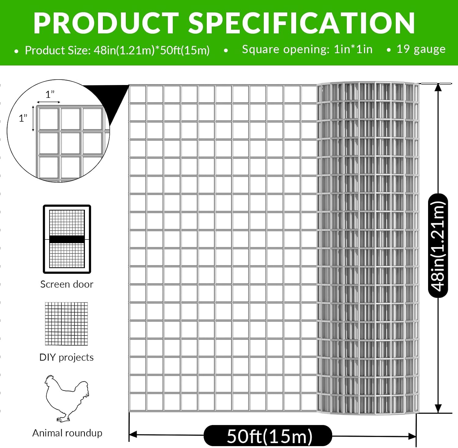 24'' x 50' 1inch Hardware Cloth 16 Gauge Black Vinyl Coated Welded Fence Mesh for Home and Garden Fence and Home Improvement Project (24'' x 50')