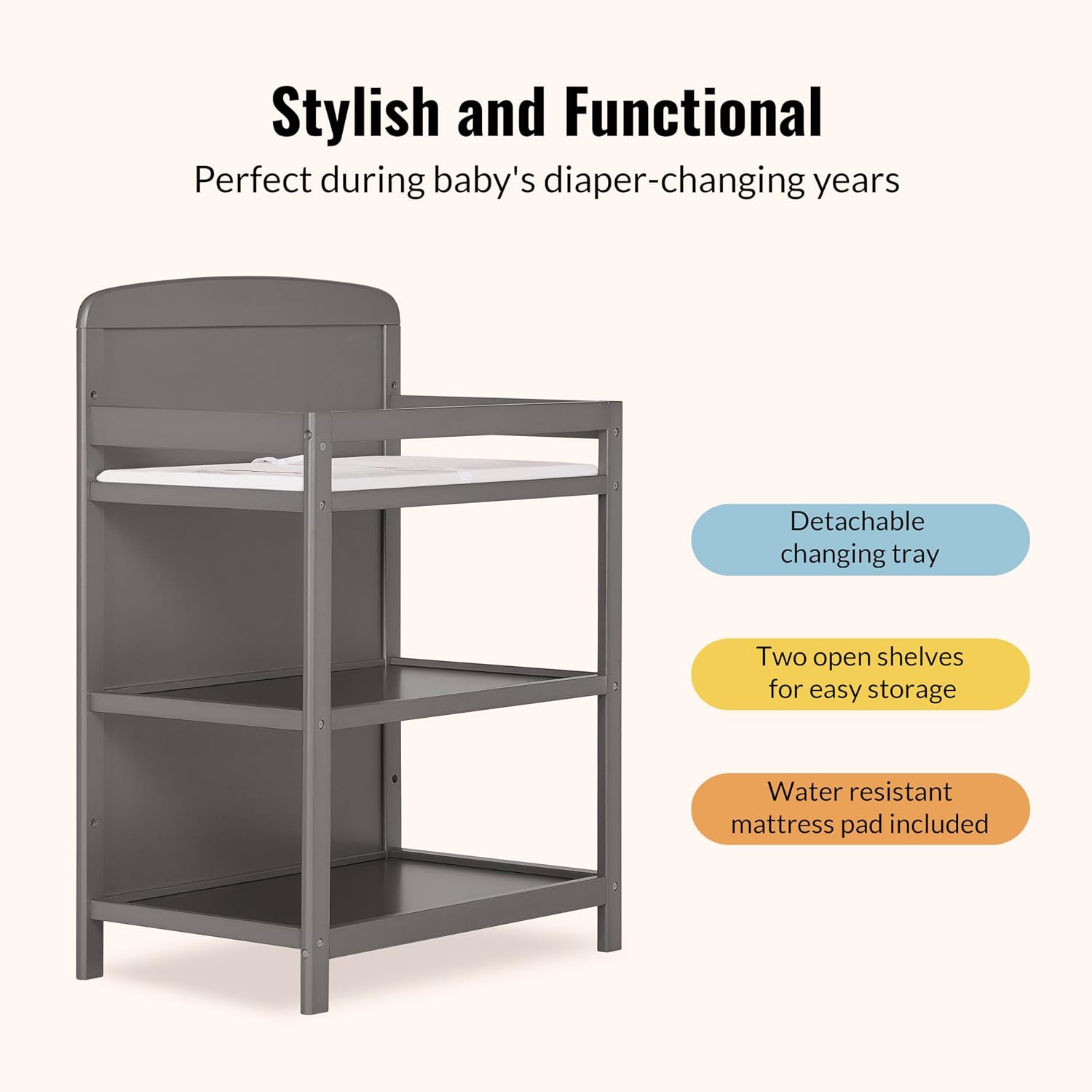 Dream On Me Anna 3-in-1 Convertible Full-Size Baby Crib & Changer with Storage in Steel Grey, GreenGuard Gold & BSA, Pinewood