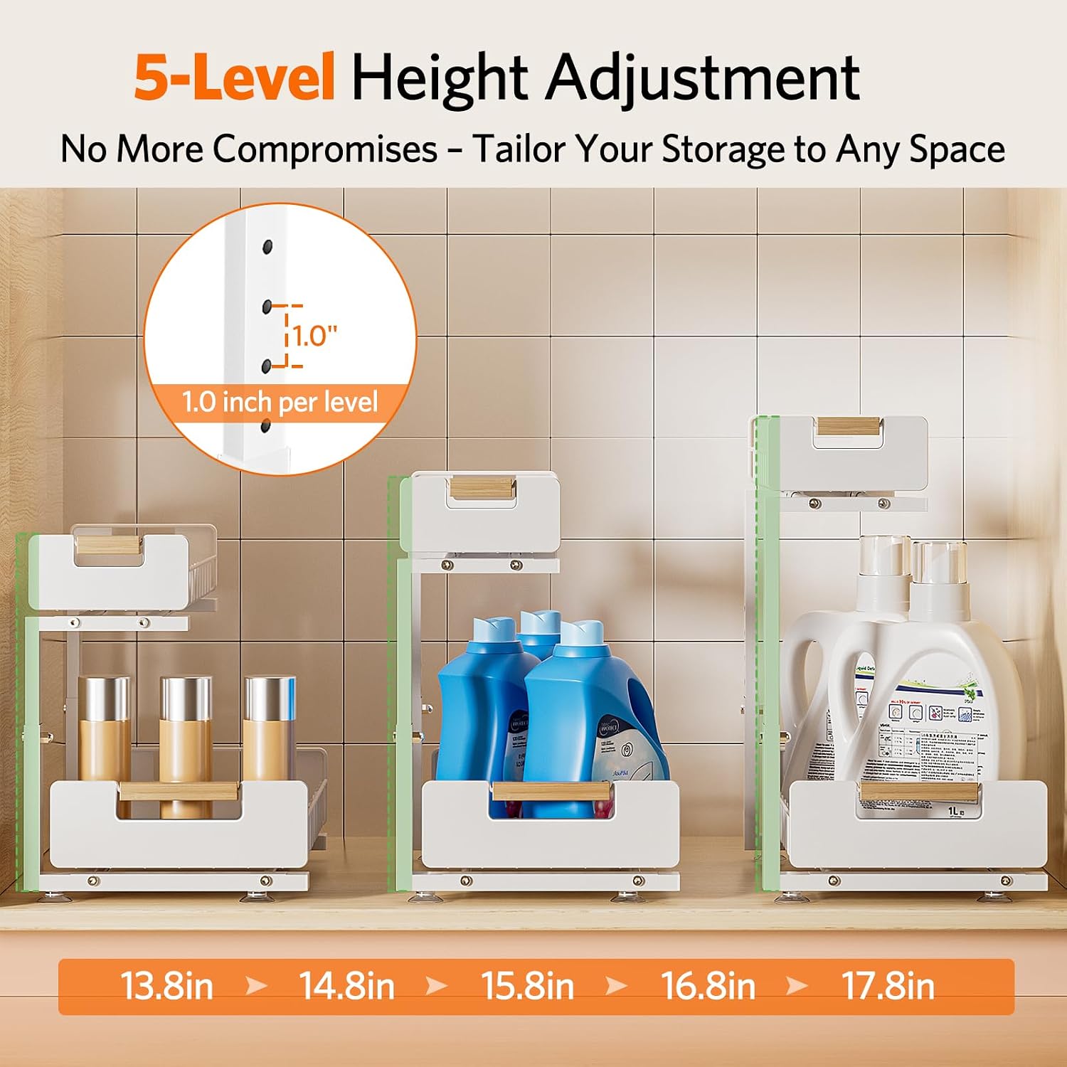 Delamu Under Sink Organizer Kitchen, 2-Tier Pull-Out Cabinet Shelf, 2-Pack | 2-Tier Smooth Slide, 5 Adjustable Heights, Anti-Tip Suction Cups