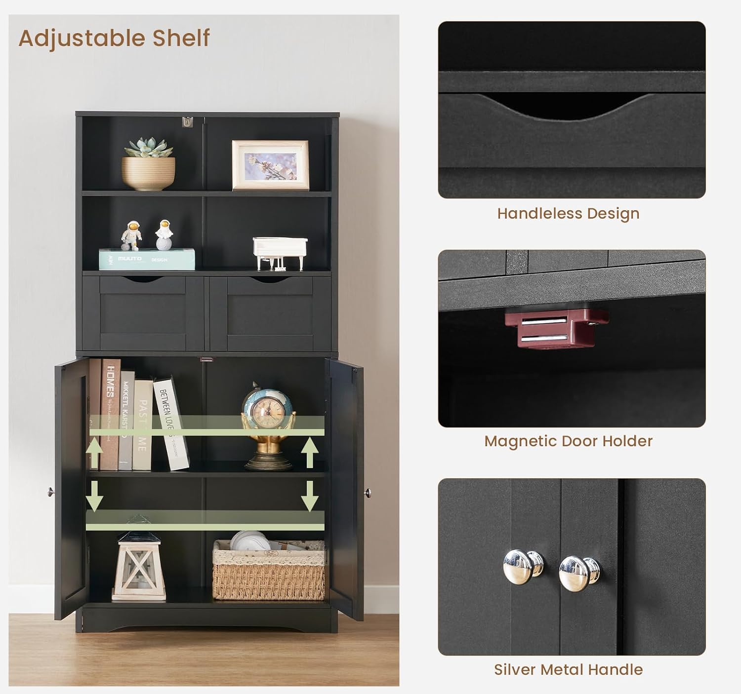 Iwell Storage Cabinet with 2 Drawers & Adjustable Shelves, Cupboard, Floor Cabinet for Living Room, Home Office, Rustic Brown