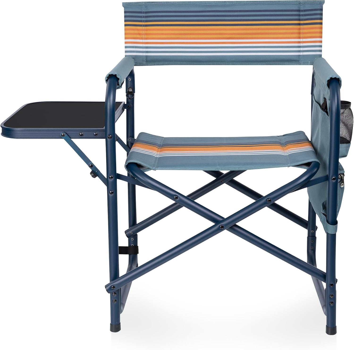 PICNIC TIME Sports Chair with Side Table and Armrest Caddy, Lightweight Aluminum Folding Outdoor Camping Chair for Adults, Portable Director Style Lawn Seating with Pockets & Carry Strap, (Navy Blue)
