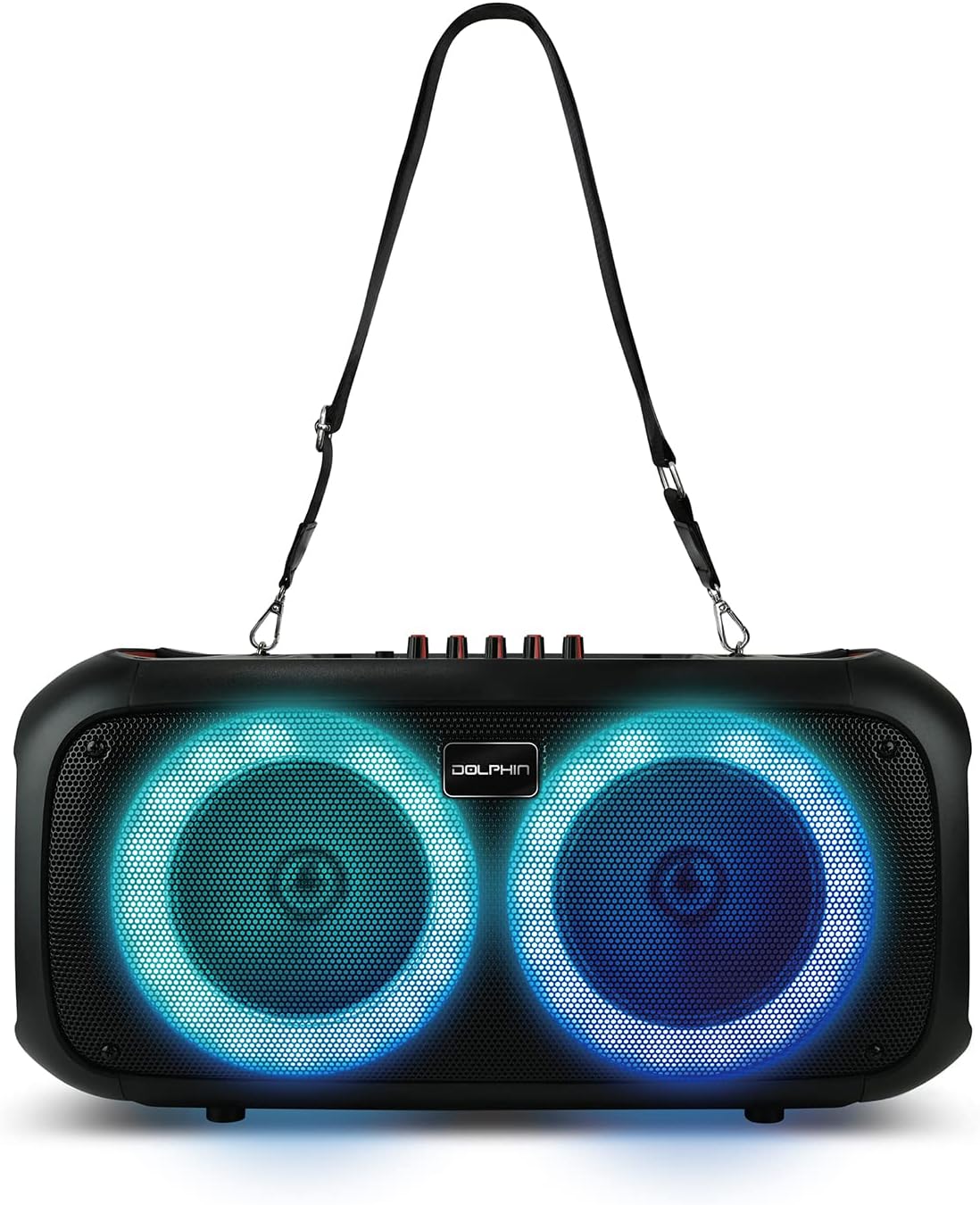 Dolphin Boombox Bluetooth Party Speaker with Wired Mic, Dual 6.5" Woofers | 1" Tweeter, WaveSync Pairing, LED Lights, USB/microSD/FM/AUX