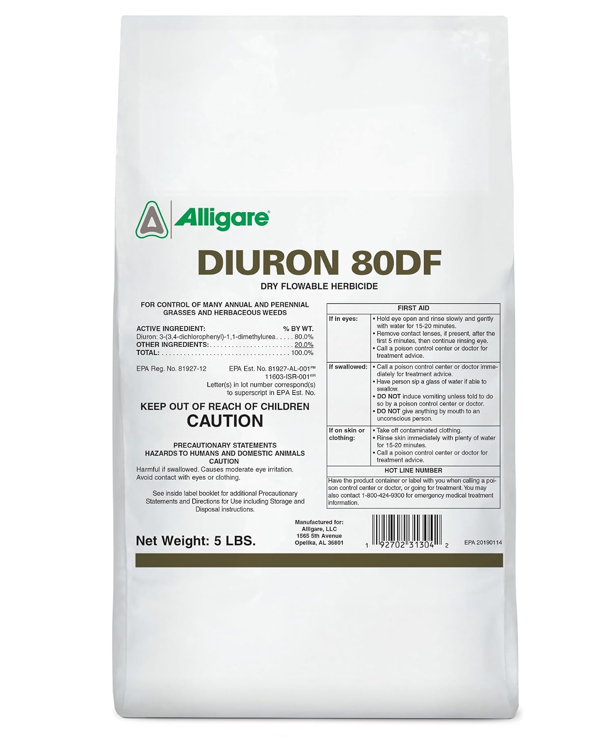 Alligare Diuron 80 DF Herbicide - Pre- & Post-Emergent Weed Killer for Industrial & Non-Crop Areas - Controls Crabgrass, Ryegrass & Broadleaf Weeds - Dry Granules for Ground Application - 5 lb