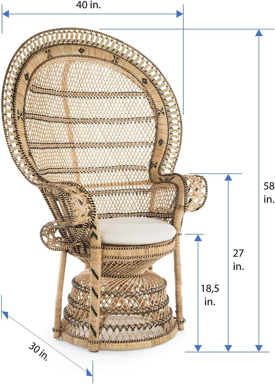 KOUBOO Grand Pecock Retro Peacock Chair in Rattan with Seat Cushion, Natural Color, Large