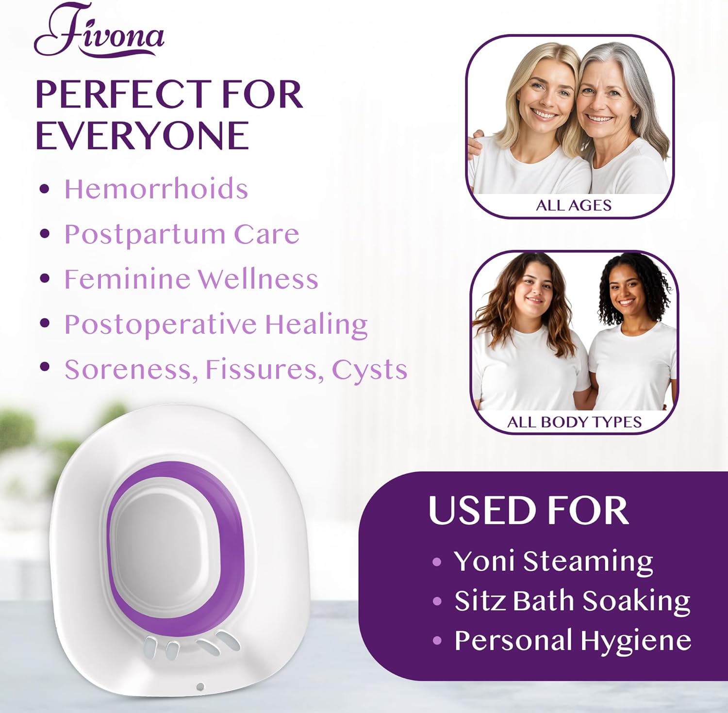 Fivona Sitz Bath for Toilet Seat Postpartum and Hemorrhoids Care - Yoni Steam Seat - Foldable Basin for Epsom Salt Soak - Portable Bidet BPA Free