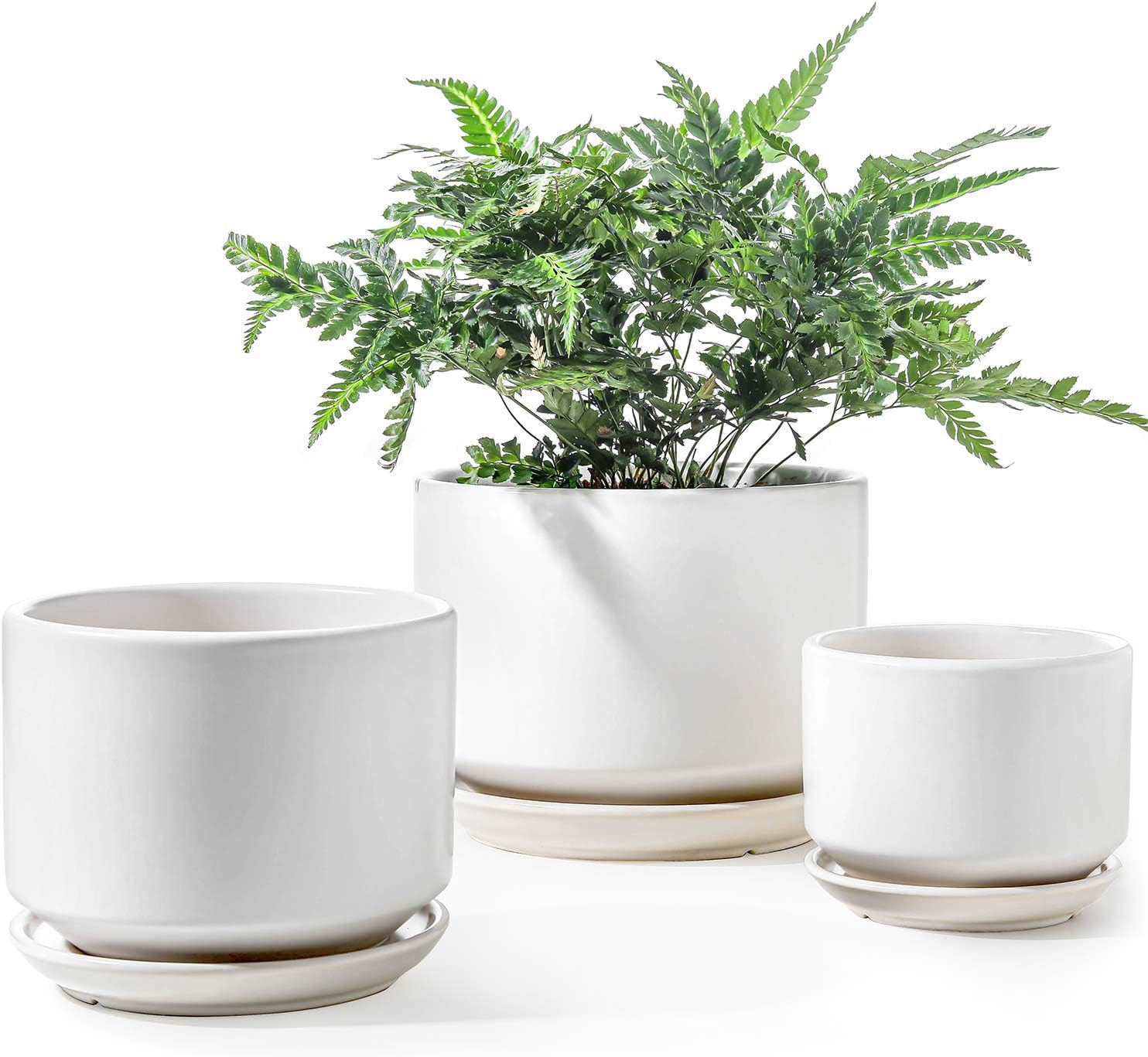 LE TAUCI Ceramic Plant Pots, 4.3+5.3+6.8 inch, Set of 3, Planters with Drainage Hole and Saucer, Indoor Flower Pot with Hole Mesh Pad, Gifts for Mom
