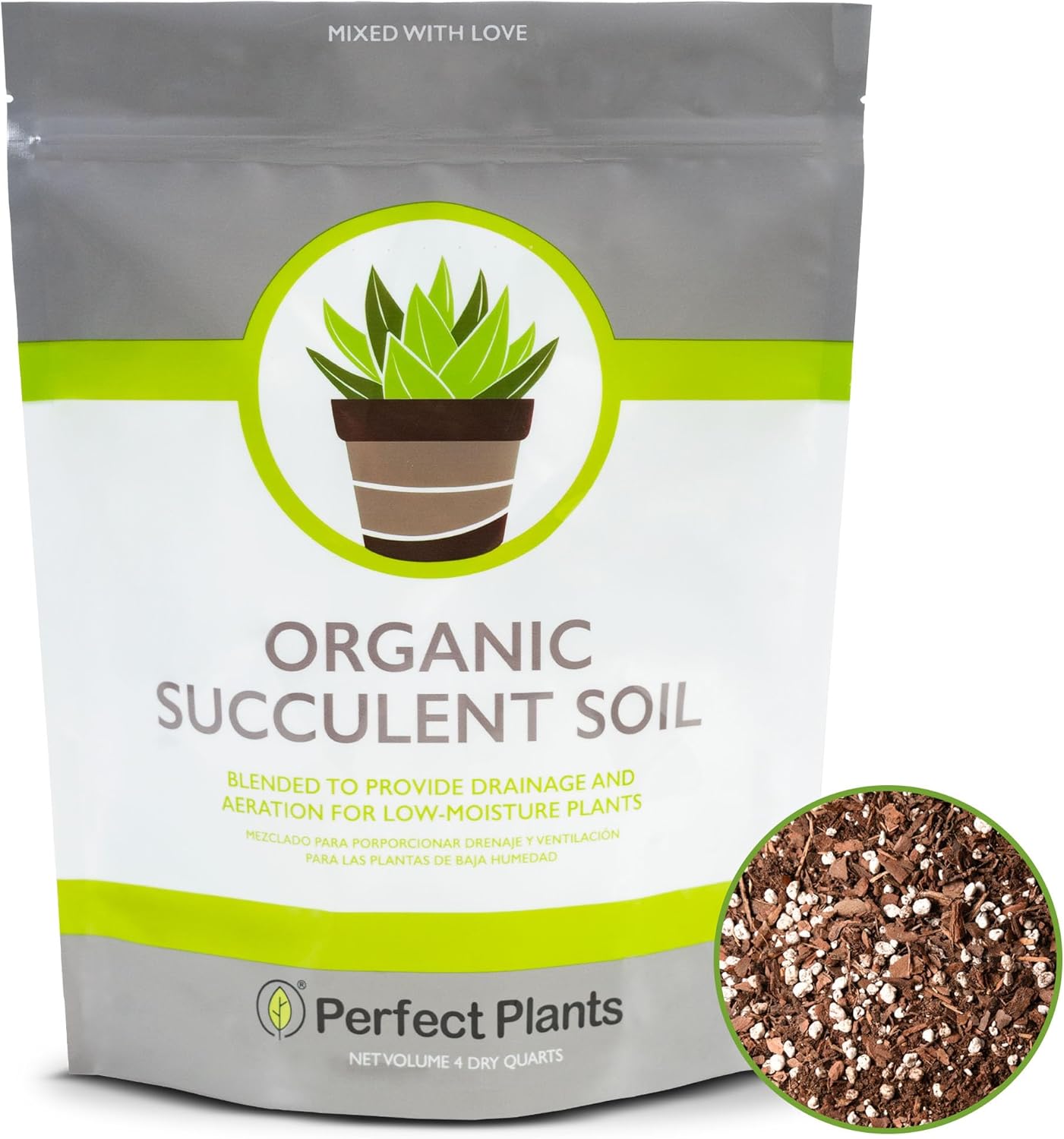 Perfect Plants Succulent & Cactus Soil, 8 qt, Organic Potting Mix | Fast draining blend of peat moss, composted pine bark, perlite and lime for the dry roots cacti love, resealable bag