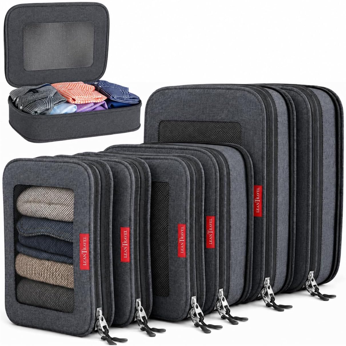 LeanTravel Premium Compression Packing Cubes for Travel - Suitcase Organizer Bags with Double Zipper & Breathable Mesh Panel - Space Saving Carry On Luggage Essentials (6-Pack, Grey)