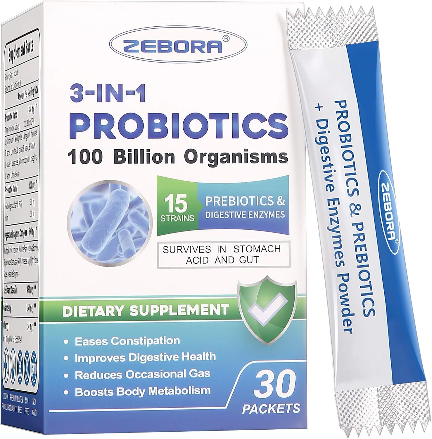 ZEBORA Probiotic Powder for Women & Men, 100 Billion CFU, 30 Packets
