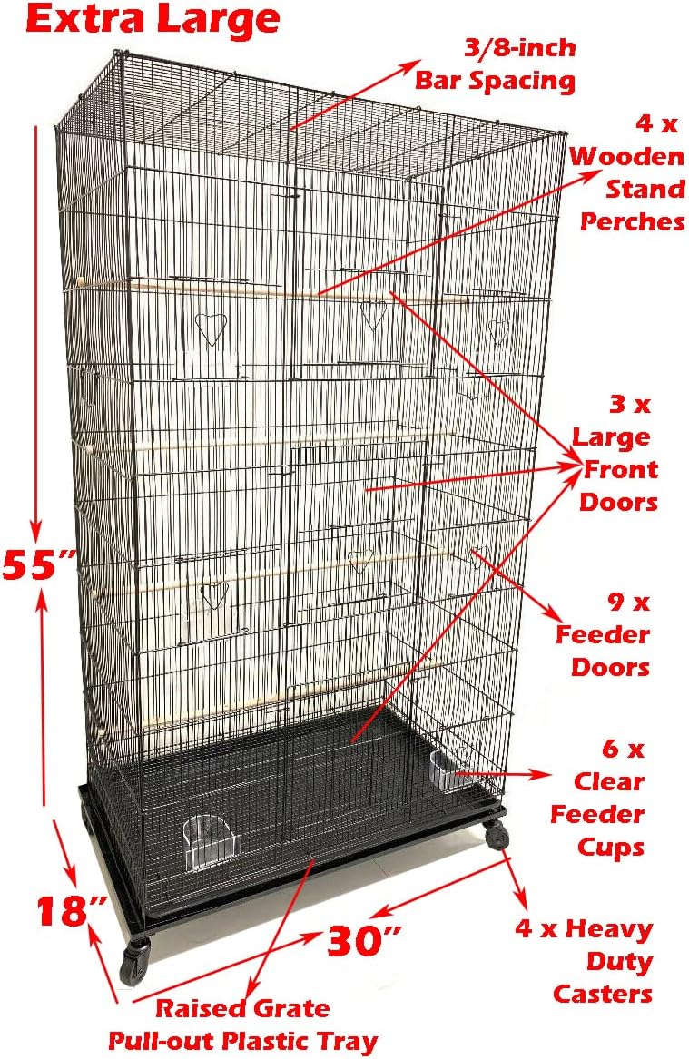 55" X-Large with 3/8-Inch Tight Bar Spacing for Multiple Flight Small Size Bird Aviary Budgie Canary Finches Breeding Home Cage with Removable Rolling Stand