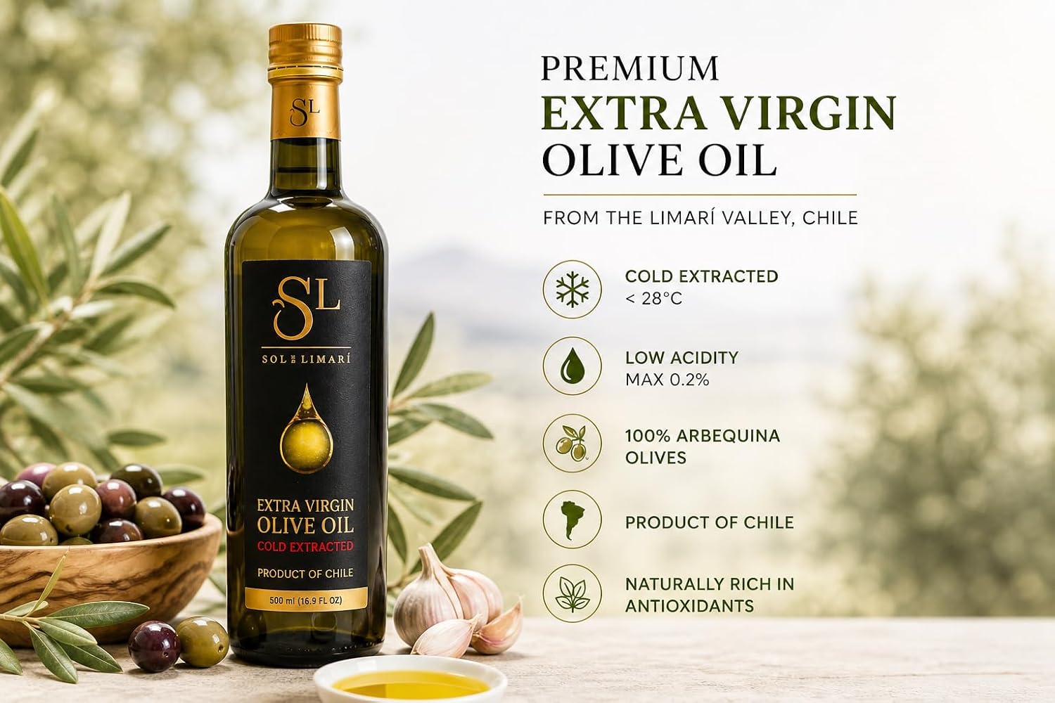 Sol del Limari - Extra Virgin Olive Oil with Polyphenol Rich - Premium Blend - First Cold Press - Aceite de Oliva Extra Virgen (16.9 Fl Oz)