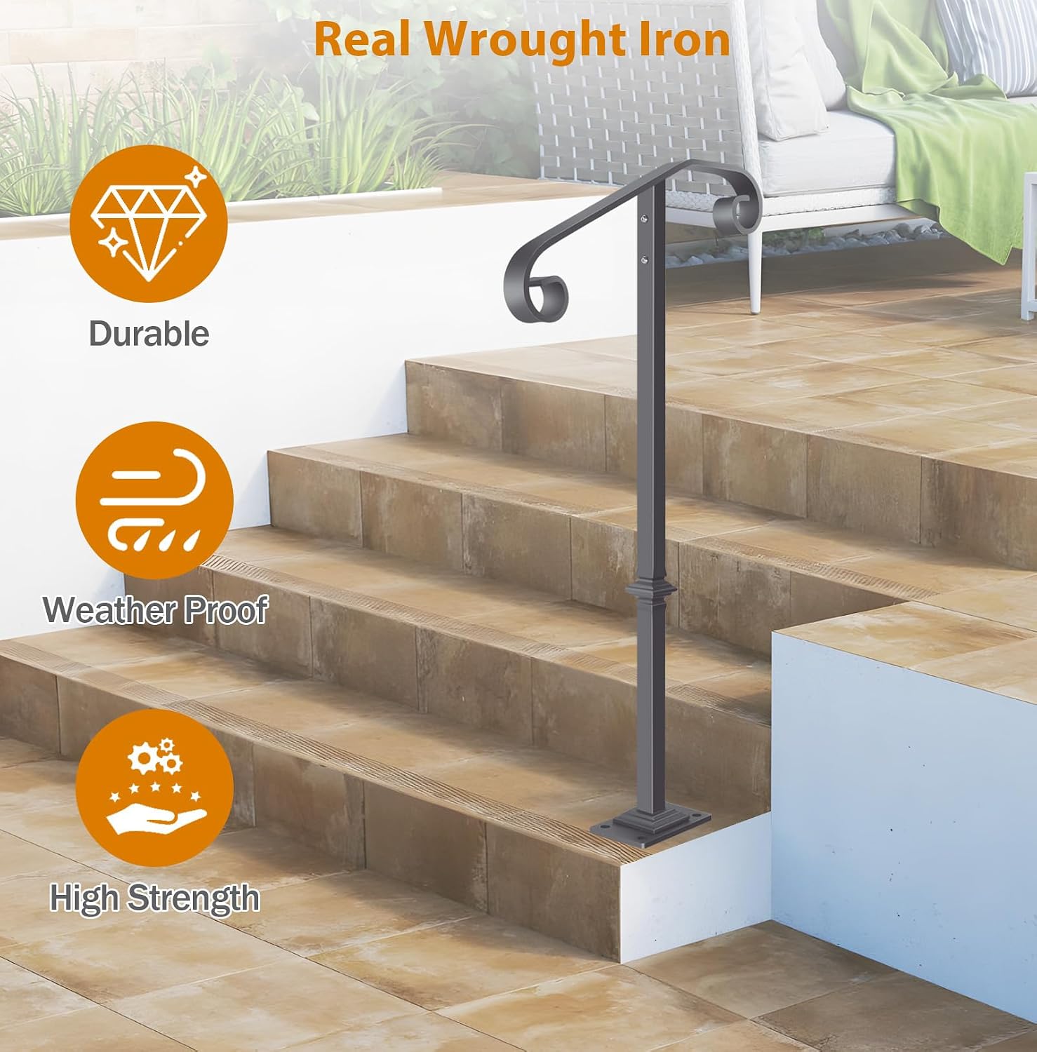 Wrought Iron Handrail 38.8" H, Single Post Handrail Fits 1 or 2 Steps
