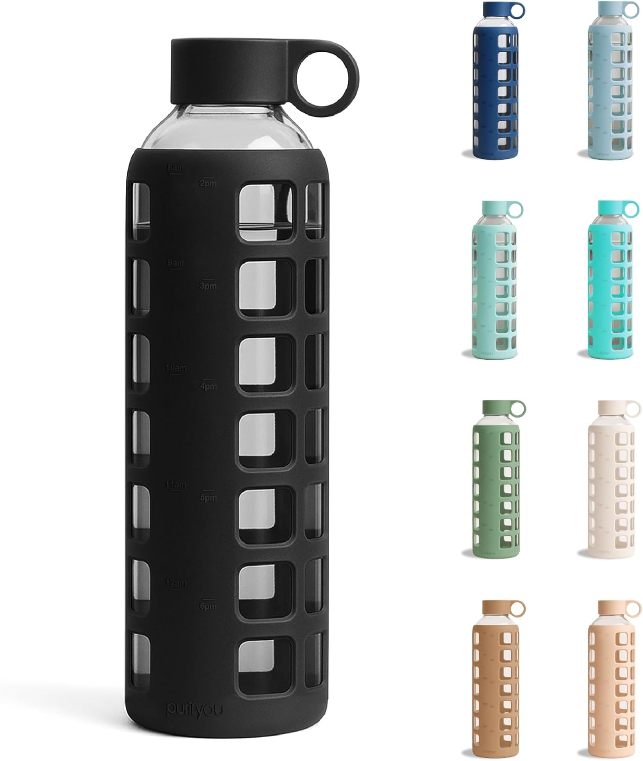 purifyou 40oz / 32oz / 22oz / 12oz Borosilicate Glass Water Bottle with Time & Volume Markers, Silicone Sleeve