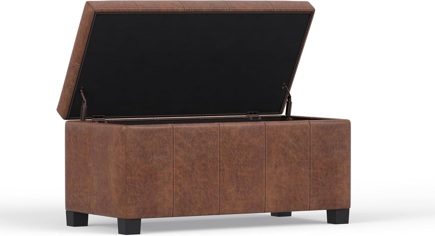 SIMPLIHOME Dover 36" Wide Vegan Leather Storage Ottoman in Midnight Black | Distressed umber brown, contemporary ottoman with lift-top and safety hinges; rectangle storage bench for living room.