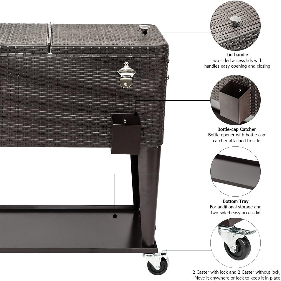 VINGLI 80 Quart Rolling Ice Chest, Portable Patio Party Bar Drink Cooler Cart, with Shelf, Beverage Pool with Bottle Opener (Brown)