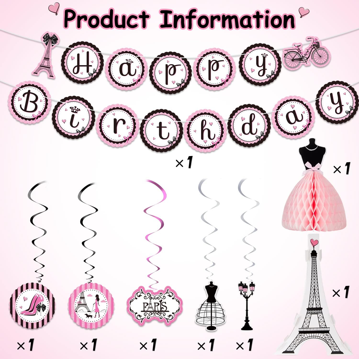Outus Paris Birthday Party Decorations Set, Eiffel Tower Themed Decoration for Oh La La Baby Shower