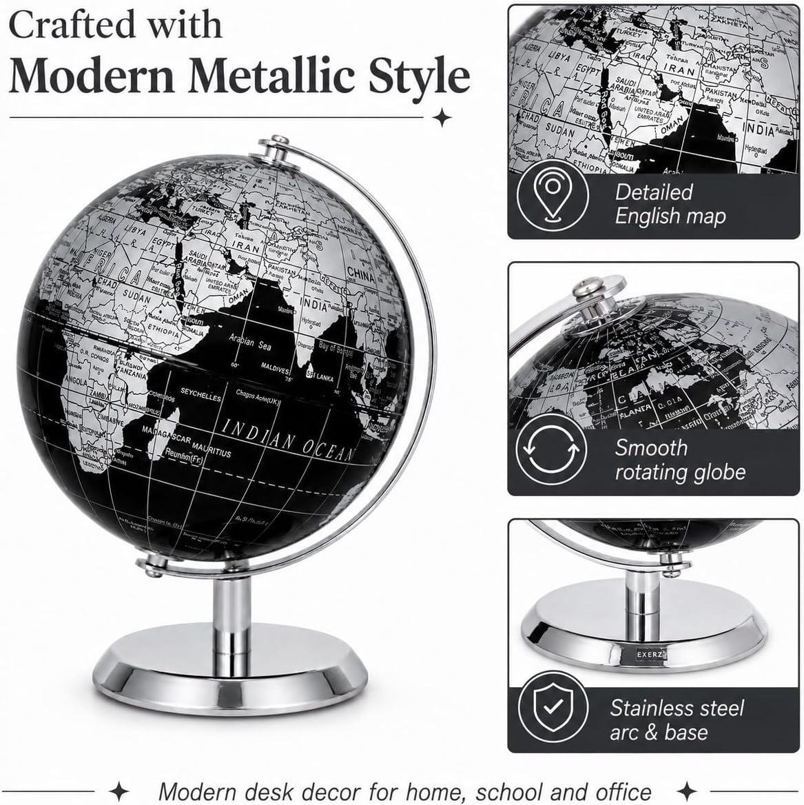 EXERZ 5.5 Inches Mini World Globe Black Rotating Desktop Globe | With Stainless Steel Base for Home Office School