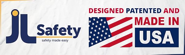 JL Safety company logo stating all handicap placard holders are designed, patented and made in USA