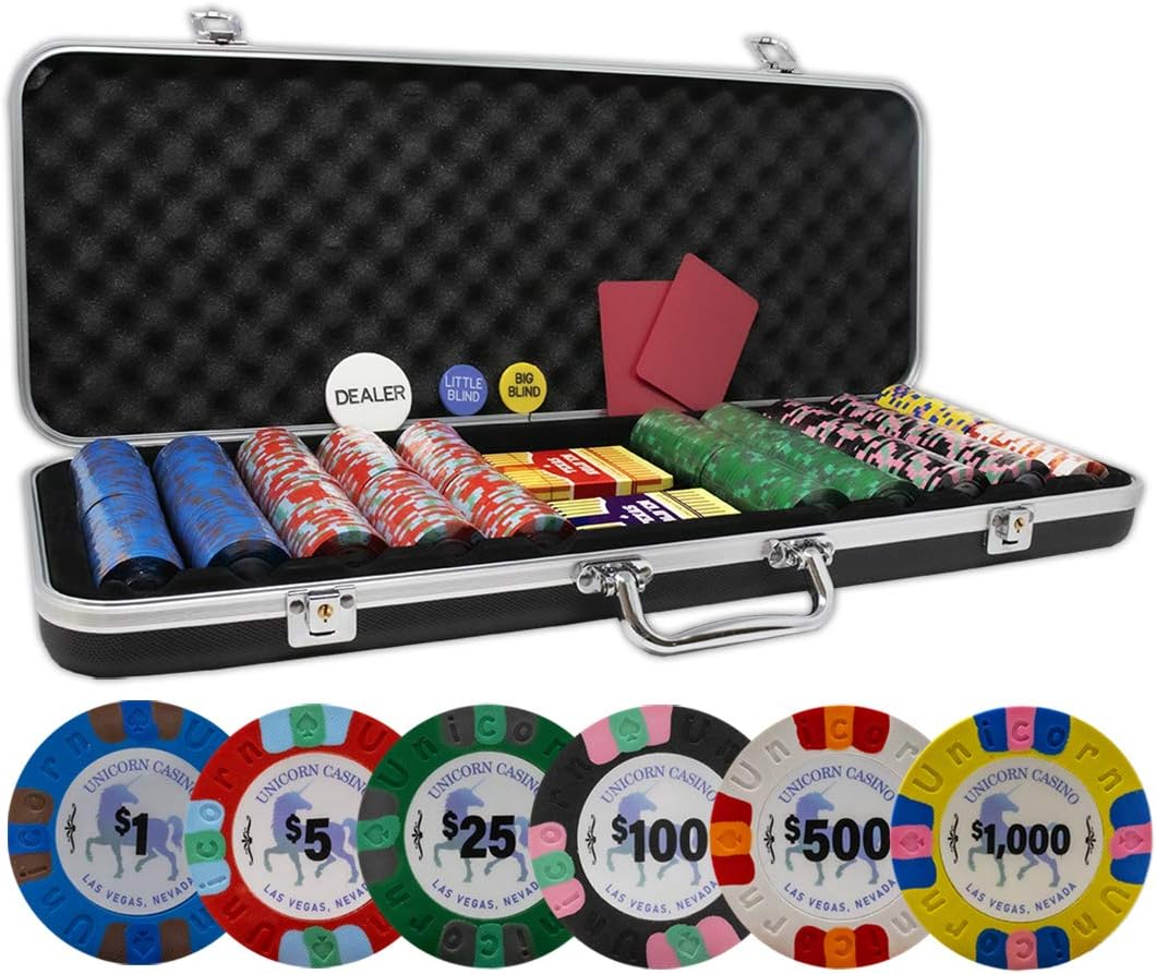 DA VINCI Unicorn All Clay Poker Chip Set with 500 Authentic Casino Weighted 9 gram Chips, Black ABS Case, 2 Decks of Plastic Playing Cards